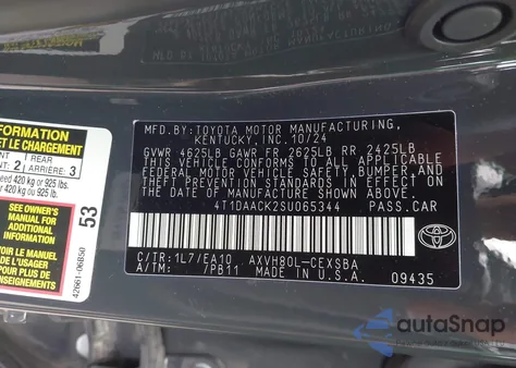 2025 Toyota Camry Se z USA, uszkodzony, nr VIN 4T1DAACK2SU065344